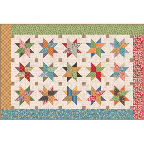 Image of the Lori Holt Autumn Skies Runner Quilt Kit. Image depicts a star pattern runner with blue, green, red, and yellow.
Cute Little Fabric Shop