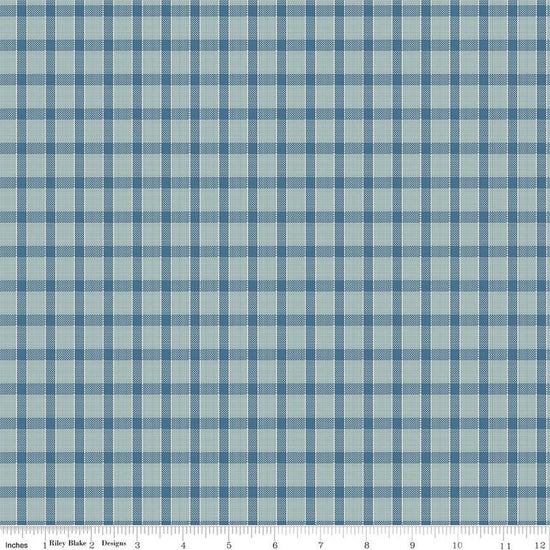 Image of Chunky Thread Home Décor Plaid Denim from Riley Blake Designs. Image has light blue and dark blue gingham plaid stripes. 
Cute Little Fabric Shop