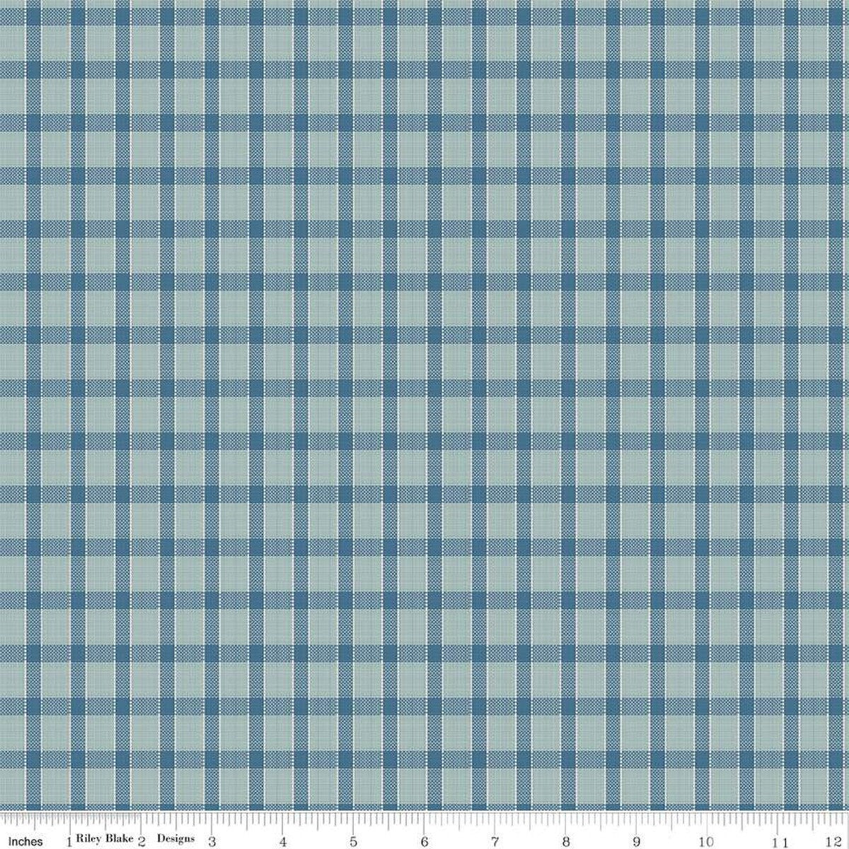 Image of Chunky Thread Home Décor Plaid Denim from Riley Blake Designs. Image has light blue and dark blue gingham plaid stripes. 
Cute Little Fabric Shop