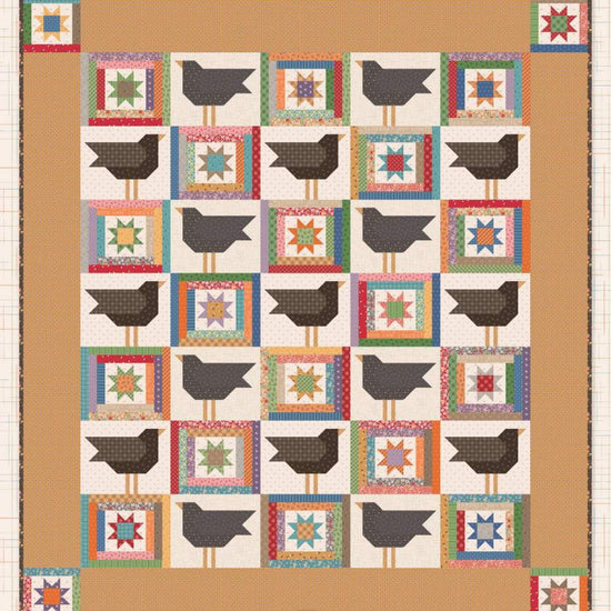 Image of the It's Sew Emma Crows in the Corn Quilt Pattern by Riley Blake Designs. The quilt has crows in squares with brown fabric surrounding it. 
Cute Little Fabric Shop
