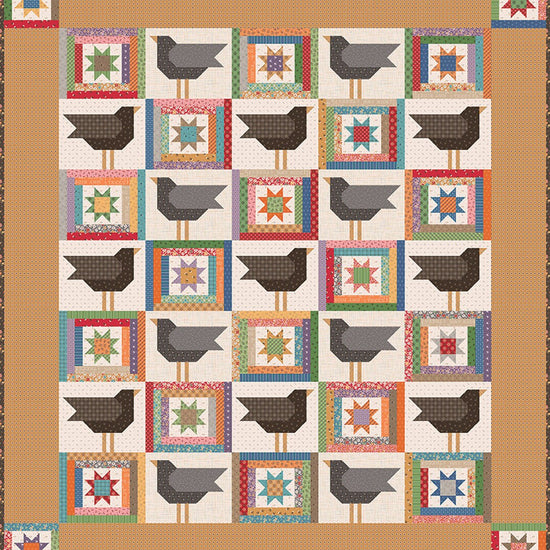 Image of the It's Sew Emma Crows in the Corn Quilt Pattern by Riley Blake Designs. The quilt has crows in squares with brown fabric surrounding it. 
Cute Little Fabric Shop