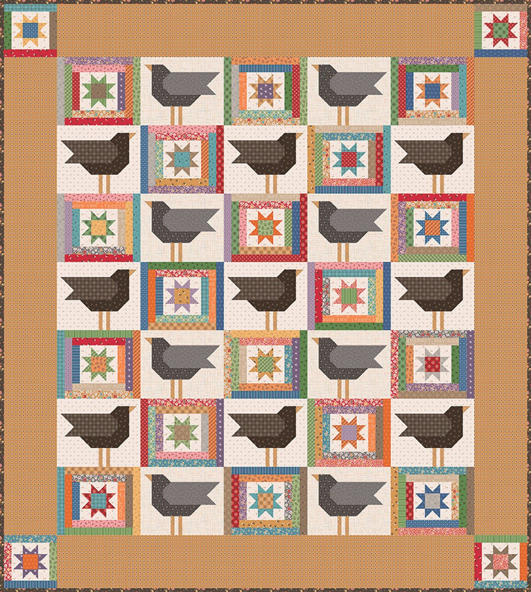 Image of the It's Sew Emma Crows in the Corn Quilt Pattern by Riley Blake Designs. The quilt has crows in squares with brown fabric surrounding it. 
Cute Little Fabric Shop