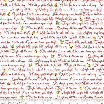 13" End of Bolt - SALE Jingle Bells Lyrics C14832 White - Riley Blake Designs - Christmas Text - Quilting Cotton Fabric