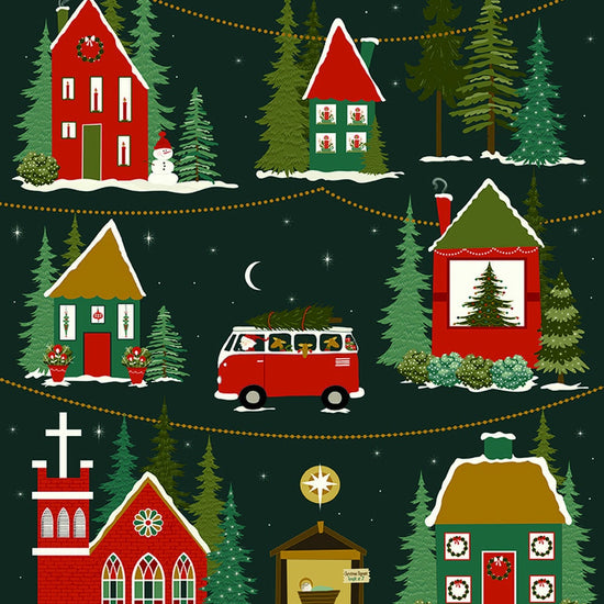 Image of Christmas Is in Town Panel by Riley Blake Designs. This features 6 houses on a dark green background with Christmas trees, lights, and stars. 
Cute Little Fabric Shop