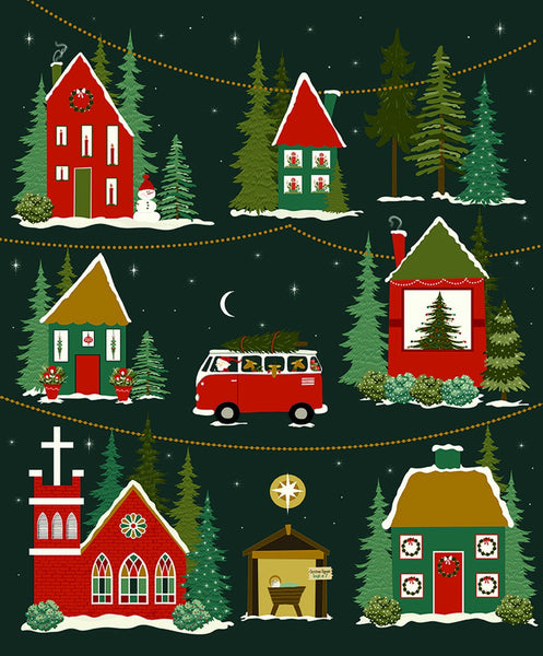 Image of Christmas Is in Town Panel by Riley Blake Designs. This features 6 houses on a dark green background with Christmas trees, lights, and stars. 
Cute Little Fabric Shop