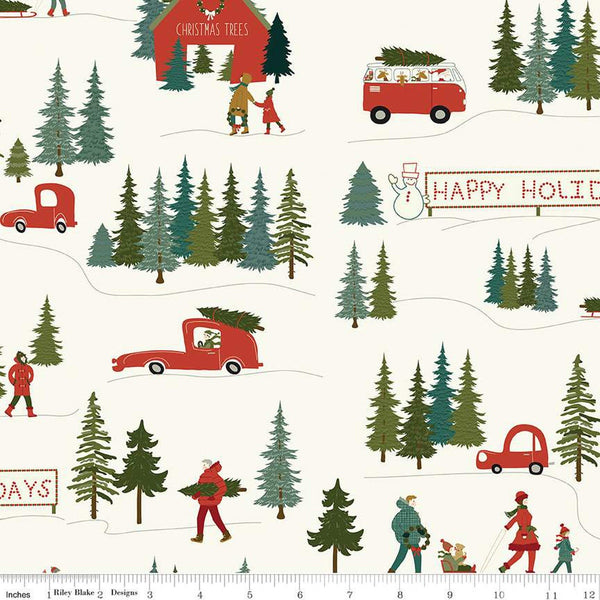 Image of Christmas Is in Town Main Cream by Riley Blake Designs. Features Christmas scenery with cars, people, and trees on a dark green background. 
Cute Little Fabric Shop