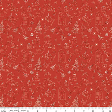 Image of Christmas Is in Town Doodles Red by Riley Blake Designs. Features outlines of Christmas icons, including  reindeer, presents, holly, snowmen, and stars on a red background.
Cute Little Fabric Shop