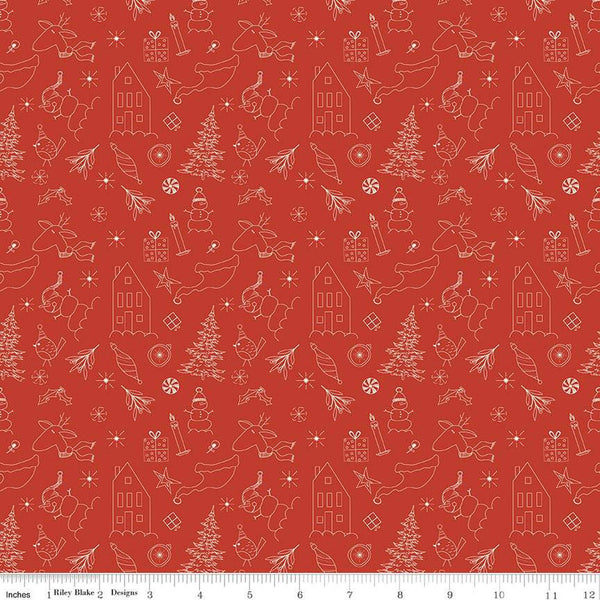 Image of Christmas Is in Town Doodles Red by Riley Blake Designs. Features outlines of Christmas icons, including  reindeer, presents, holly, snowmen, and stars on a red background.
Cute Little Fabric Shop