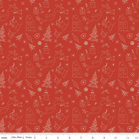 Image of Christmas Is in Town Doodles Red by Riley Blake Designs. Features outlines of Christmas icons, including  reindeer, presents, holly, snowmen, and stars on a red background.
Cute Little Fabric Shop