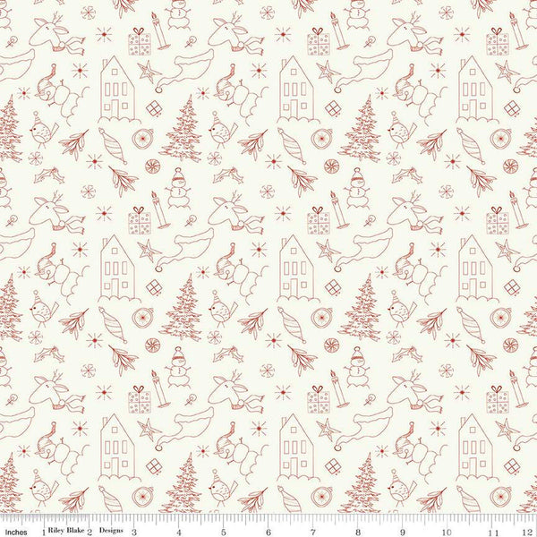 Image of Christmas Is in Town Doodles Cream by Riley Blake Designs. Features outlines of Christmas icons, including  reindeer, presents, holly, snowmen, and stars on a cream white background.
Cute Little Fabric Shop