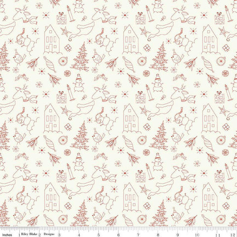 Image of Christmas Is in Town Doodles Cream by Riley Blake Designs. Features outlines of Christmas icons, including  reindeer, presents, holly, snowmen, and stars on a cream white background.
Cute Little Fabric Shop