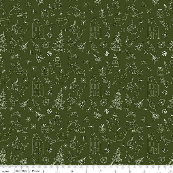 Image of Christmas Is in Town Doodles Dark Green by Riley Blake Designs. Features outlines of Christmas icons, including  reindeer, presents, holly, snowmen, and stars on a dark green background.
Cute Little Fabric Shop