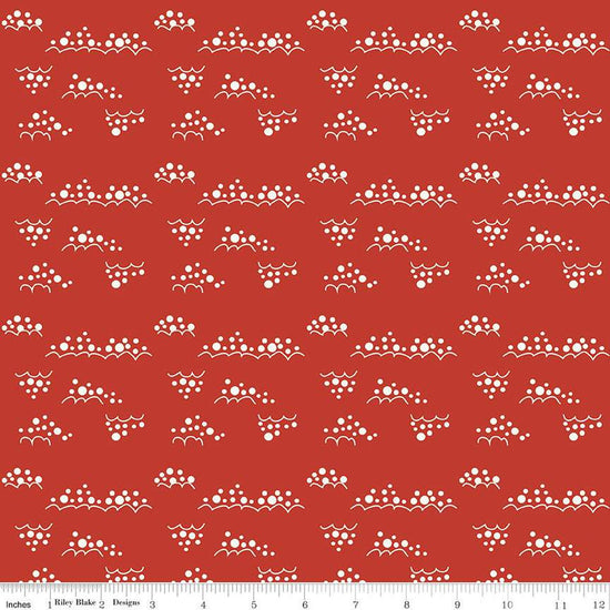 Image of Christmas Is in Town Snowballs Red by Riley Blake Designs. Features clusters of white snowballs on a red background. 
Cute Little Fabric Shop