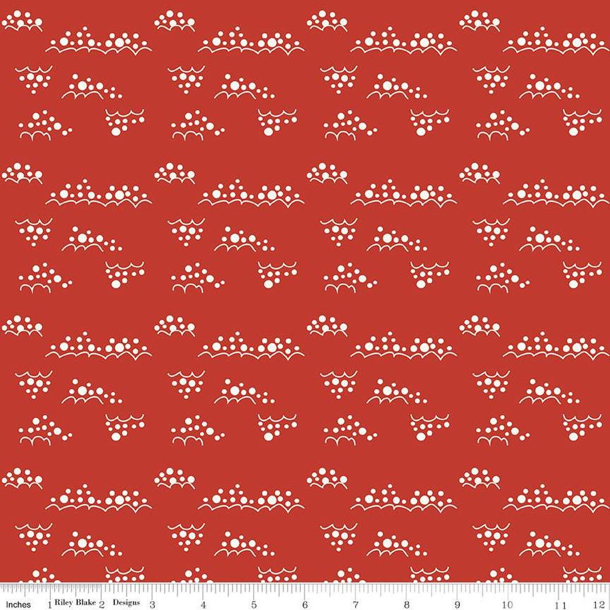 Image of Christmas Is in Town Snowballs Red by Riley Blake Designs. Features clusters of white snowballs on a red background. 
Cute Little Fabric Shop