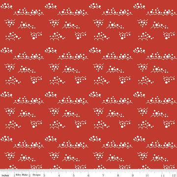Image of Christmas Is in Town Snowballs Red by Riley Blake Designs. Features clusters of white snowballs on a red background. 
Cute Little Fabric Shop
