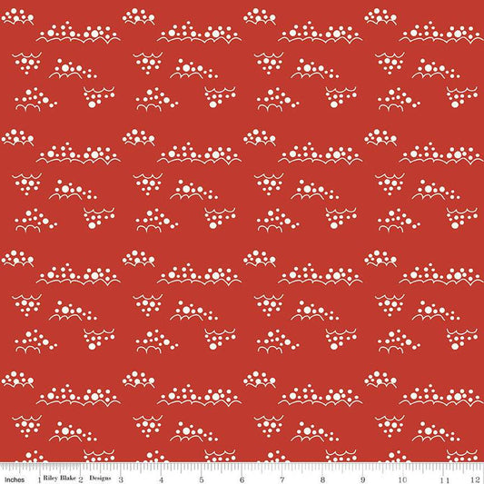Image of Christmas Is in Town Snowballs Red by Riley Blake Designs. Features clusters of white snowballs on a red background. 
Cute Little Fabric Shop