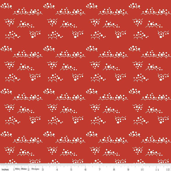 Image of Christmas Is in Town Snowballs Red by Riley Blake Designs. Features clusters of white snowballs on a red background. 
Cute Little Fabric Shop