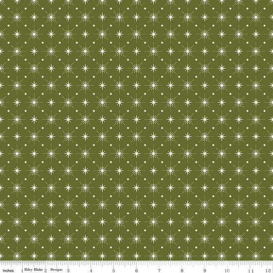 Image of Christmas Is in Town Stars Green by Riley Blake Designs. Features arranged sparkle stars on a green background. 
Cute Little Fabric Shop