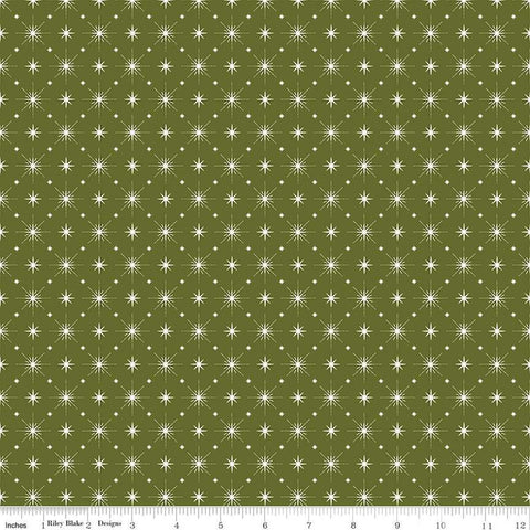 Image of Christmas Is in Town Stars Green by Riley Blake Designs. Features arranged sparkle stars on a green background. 
Cute Little Fabric Shop