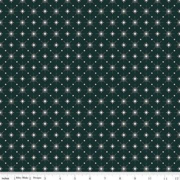 Image of Christmas Is in Town Stars Forest by Riley Blake Designs. Features arranged sparkle stars on a dark green background. 
Cute Little Fabric Shop