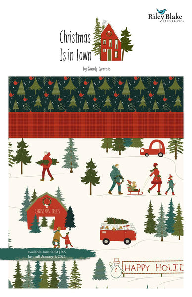 Image of Christmas Is in Town Storyboard by Riley Blake Designs. Features a cream fabric with trees, cabins, people, and snow. Cute Little Fabric Shop