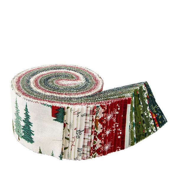 Image of Christmas Is in Town rolie polie by Riley Blake Designs. Features a cream fabric with trees, cabins, people, and snow. Cute Little Fabric Shop