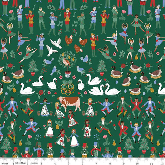 14" End of Bolt - A Pear-fect Christmas Twelfth Day C14970 Green by Riley Blake - Twelve Days of Christmas Icons - Quilting Cotton Fabric
