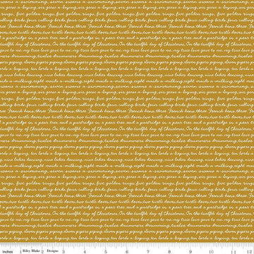 A Pear-fect Christmas Calling Words C14974 Gold - Riley Blake Designs - Text The Twelve Days of Christmas - Quilting Cotton Fabric