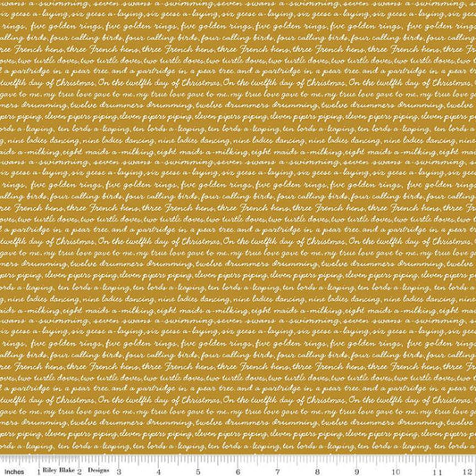 A Pear-fect Christmas Calling Words C14974 Gold - Riley Blake Designs - Text The Twelve Days of Christmas - Quilting Cotton Fabric