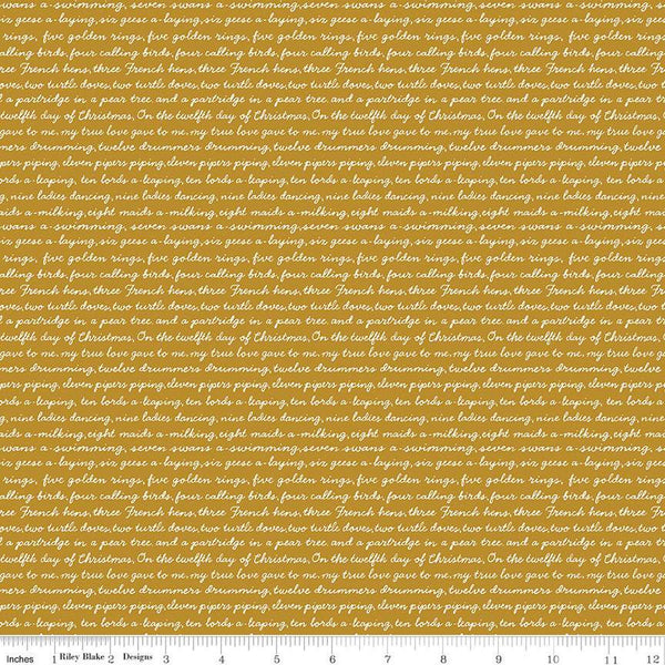 SALE A Pear-fect Christmas Calling Words C14974 Gold - Riley Blake Designs - Text The Twelve Days of Christmas - Quilting Cotton Fabric