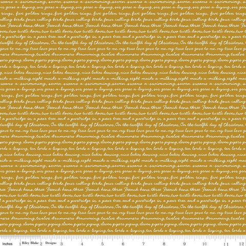 SALE A Pear-fect Christmas Calling Words C14974 Gold - Riley Blake Designs - Text The Twelve Days of Christmas - Quilting Cotton Fabric