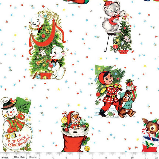 Jingle Bells Main C14830 White - Riley Blake Designs - Christmas Vintage Vignettes Stars - Quilting Cotton Fabric