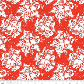 Fat Quarter End of Bolt - SALE Jingle Bells Christmas Bells C14831 Red by Riley Blake Designs - White Bells Ribbons - Quilting Cotton Fabric