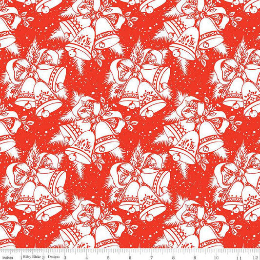 Fat Quarter End of Bolt - SALE Jingle Bells Christmas Bells C14831 Red by Riley Blake Designs - White Bells Ribbons - Quilting Cotton Fabric