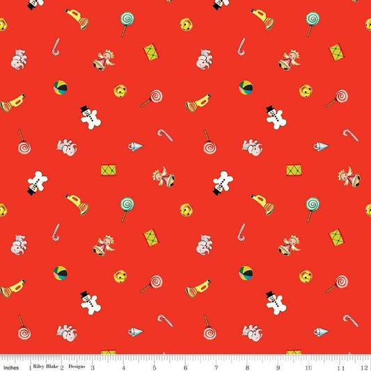 22" End of Bolt - DEAL Jingle Bells Toys C14833 Red - Riley Blake Designs - Christmas Vintage Toys - Quilting Cotton Fabric