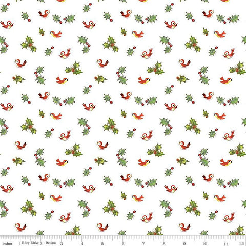 SALE Jingle Bells Holly Birds C14835 White by Riley Blake Designs - Christmas - Quilting Cotton Fabric