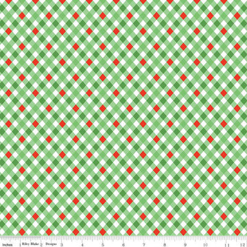 Fat Quarter End of Bolt - Jingle Bells Plaid C14836 Green by Riley Blake Designs - Christmas Diagonal - Quilting Cotton Fabric