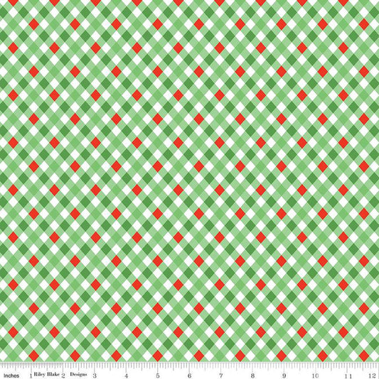 15" End of Bolt - Jingle Bells Plaid C14836 Green by Riley Blake Designs - Christmas Diagonal - Quilting Cotton Fabric