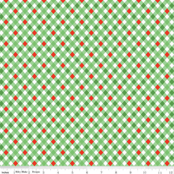 SALE Jingle Bells Plaid C14836 Green by Riley Blake Designs - Christmas Diagonal - Quilting Cotton Fabric