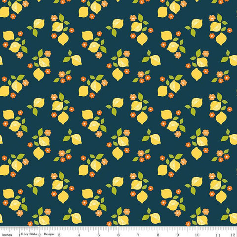 Here Comes the Sun Citrus C14811 Midnight - Riley Blake Designs - Lemons Blossoms - Quilting Cotton Fabric