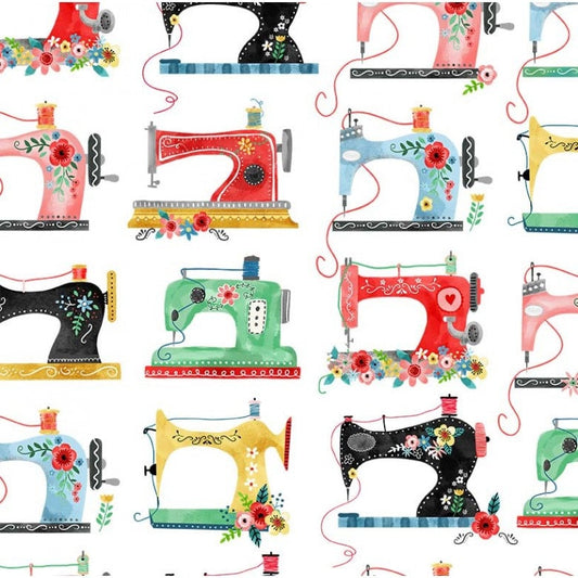 17" End of Bolt - A Stitch in Time Vintage Sewing Machines CX10226-WHIT-D White by Michael Miller Fabrics - Quilting Cotton Fabric