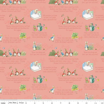 The Tale of Peter Rabbit Text C14701 Coral - Riley Blake Designs - Beatrix Potter Vignettes - Quilting Cotton Fabric - Licensed Product