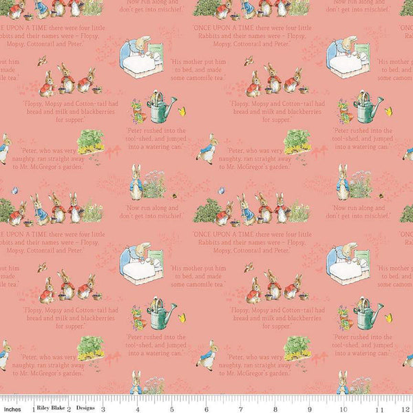 SALE The Tale of Peter Rabbit Text C14701 Coral - Riley Blake Designs - Beatrix Potter Vignettes - Quilting Cotton Fabric - Licensed Product