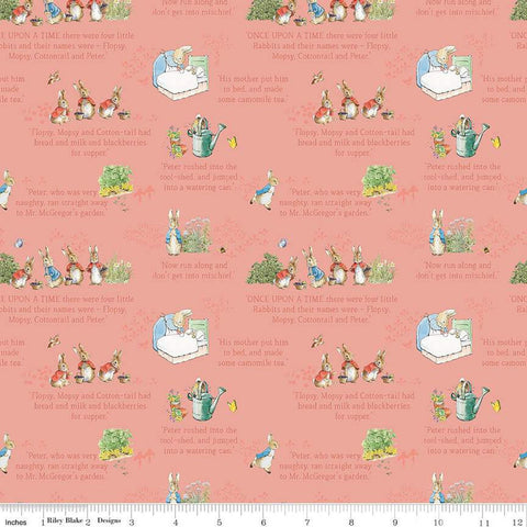 SALE The Tale of Peter Rabbit Text C14701 Coral - Riley Blake Designs - Beatrix Potter Vignettes - Quilting Cotton Fabric - Licensed Product