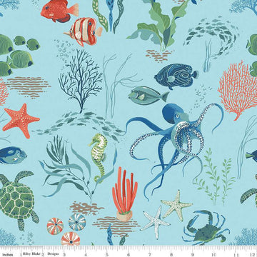Fat Quarter End of Bolt - Free as the Ocean Main C14800 Aqua by Riley Blake Designs - Sea Life Ocean Plants - Quilting Cotton Fabric