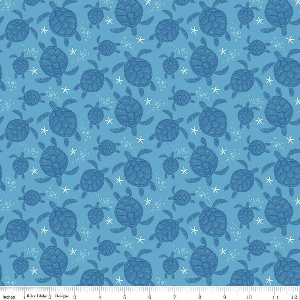 16" End of Bolt - Free as the Ocean Turtles C14802 Blue - Riley Blake Designs - Turtles Starfish - Quilting Cotton Fabric