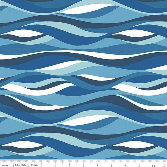 SALE Free as the Ocean Ocean C14803 Blue - Riley Blake Designs - Wavy Lines - Quilting Cotton Fabric