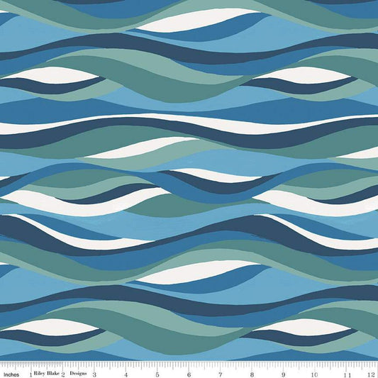 11" End of Bolt - Free as the Ocean Ocean C14803 Multi - Riley Blake Designs - Wavy Lines - Quilting Cotton Fabric
