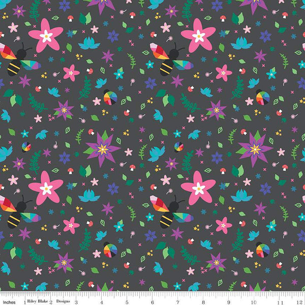 SALE Bloom Main C14980 Charcoal by Riley Blake Designs - Bees Flowers Mushrooms Stars Leaves - Quilting Cotton Fabric