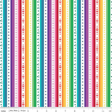 Fat Quarter End of Bolt - Bloom Stripe C14981 White - Riley Blake Designs - Stripes Striped Flowers Hearts Stars - Quilting Cotton Fabric